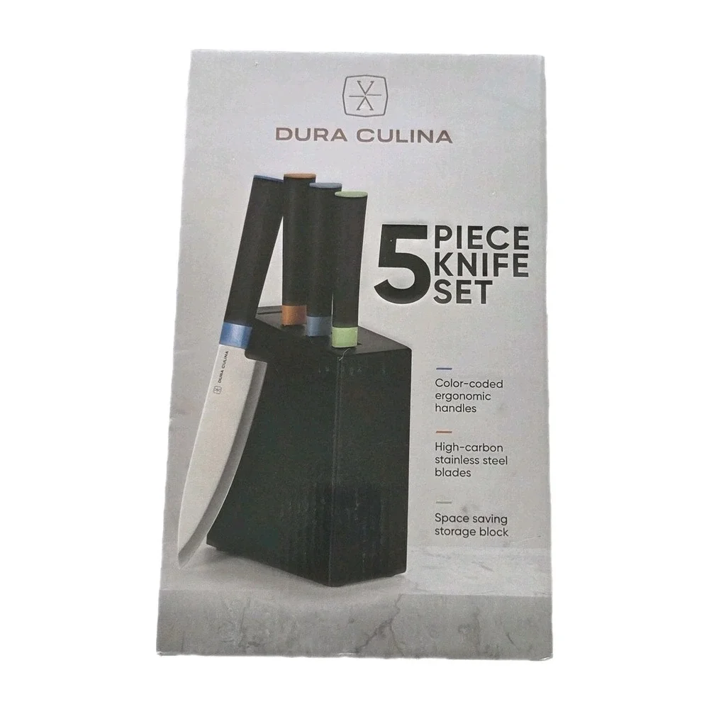 Dura Culina 5pc High Carbon Stainless Steel Kitchen Knife Set Storage Block‎ NEW